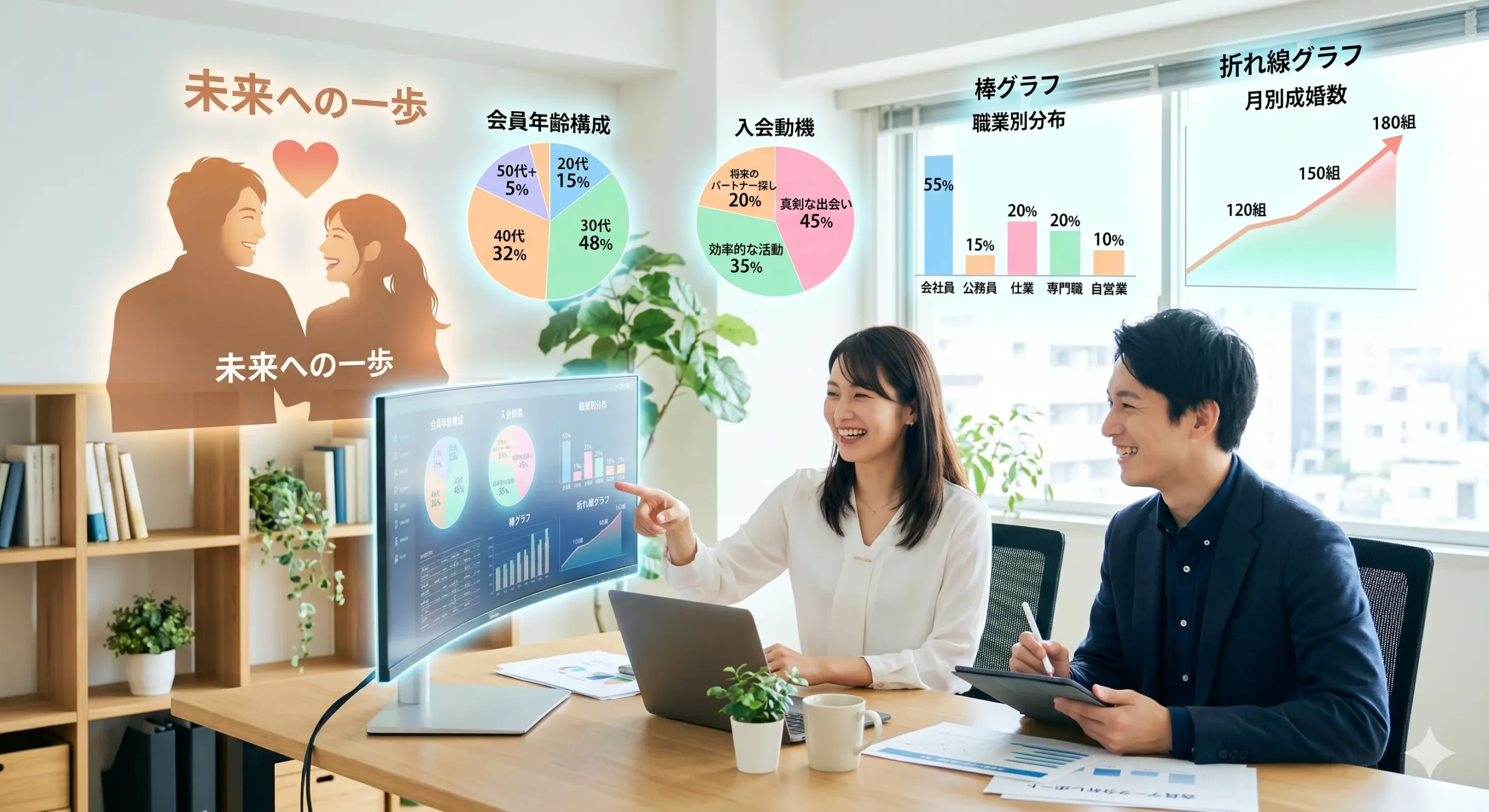 Bridalチューリップの会員データ（男女比、年代比率、学歴、年収）を先に結論で整理